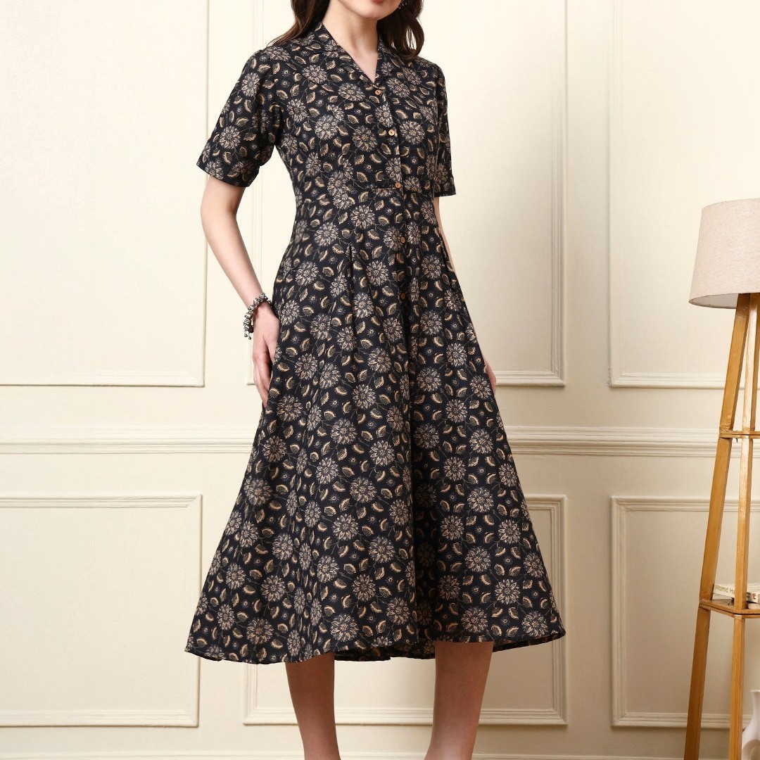 Black Shirt Collar Cotton Dress Plus Size & Regular | Flowy Boho Midi Dress |