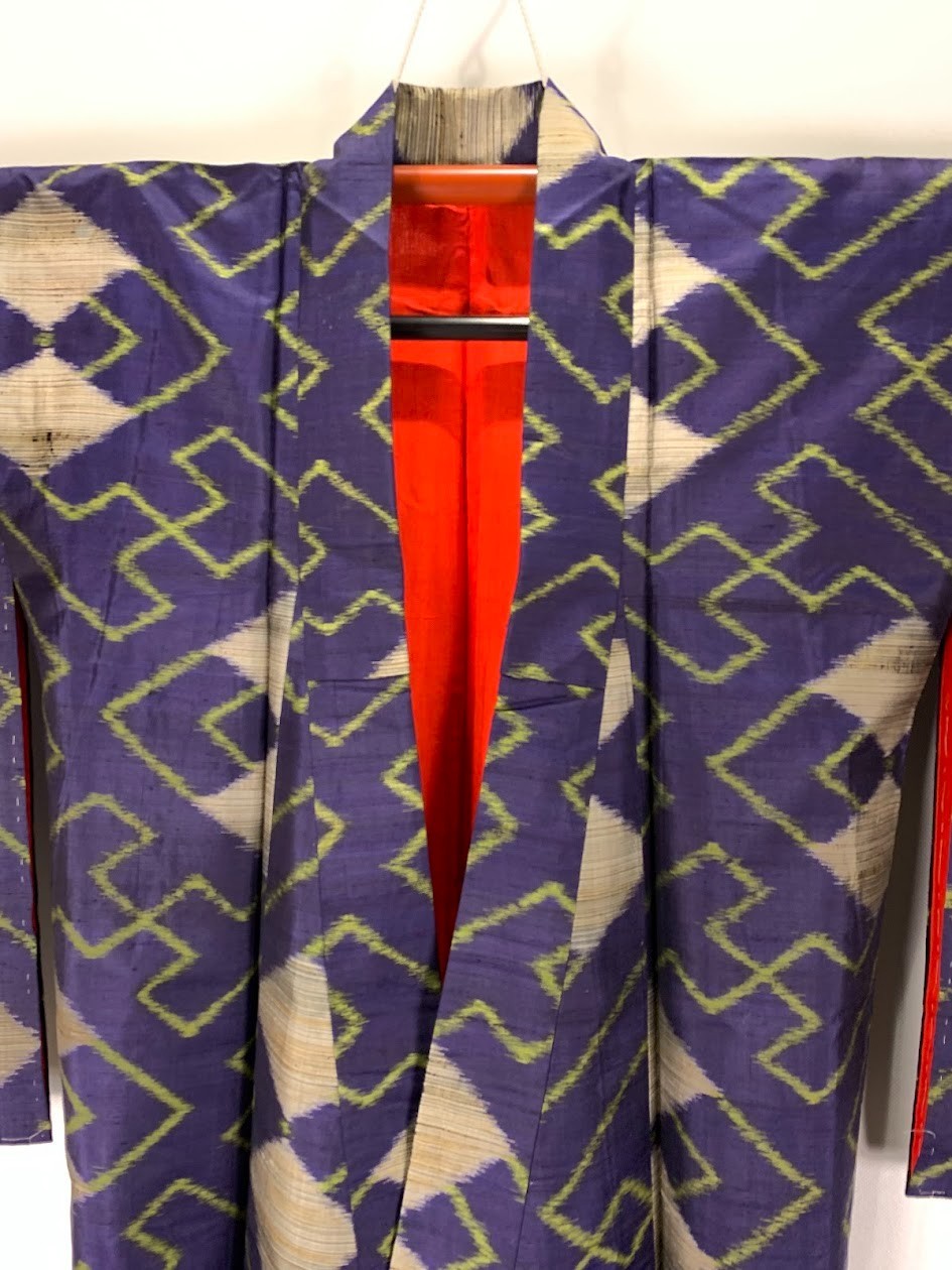 Vintage Japan Meisen Kimono Royal Purple Geometric Pattern Silk Casual Size XS