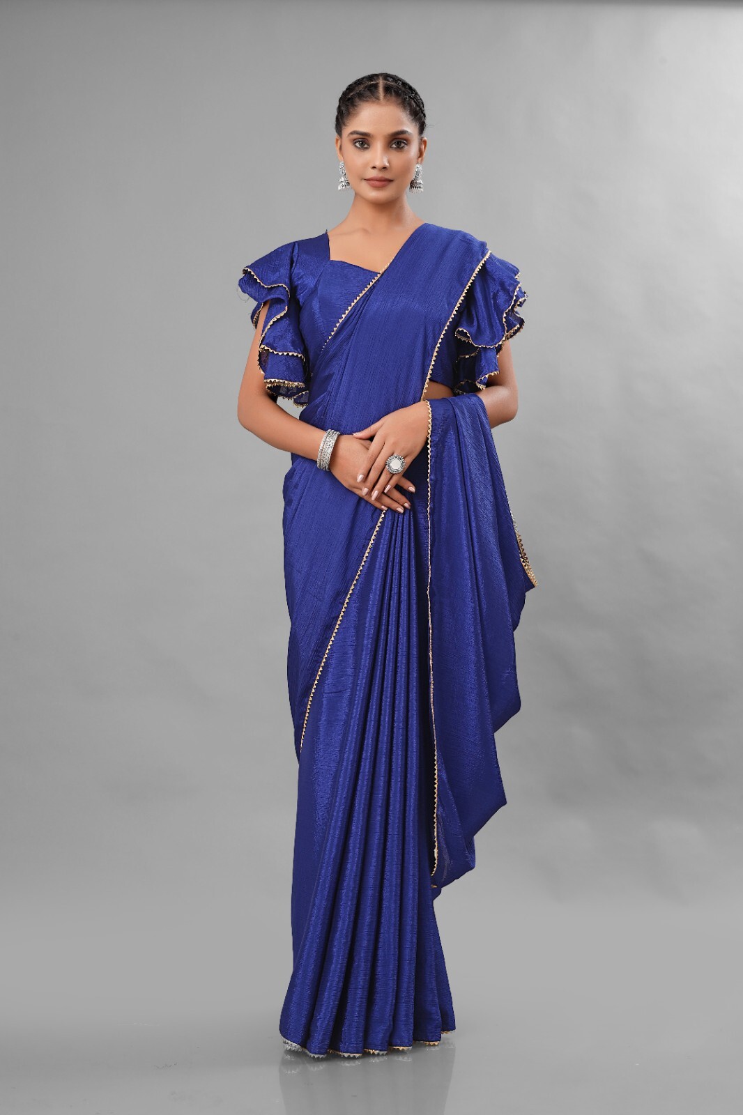 Nancy Designer Chinon Gold Lace Saree with Fully Stitched Lace Blouse for Women