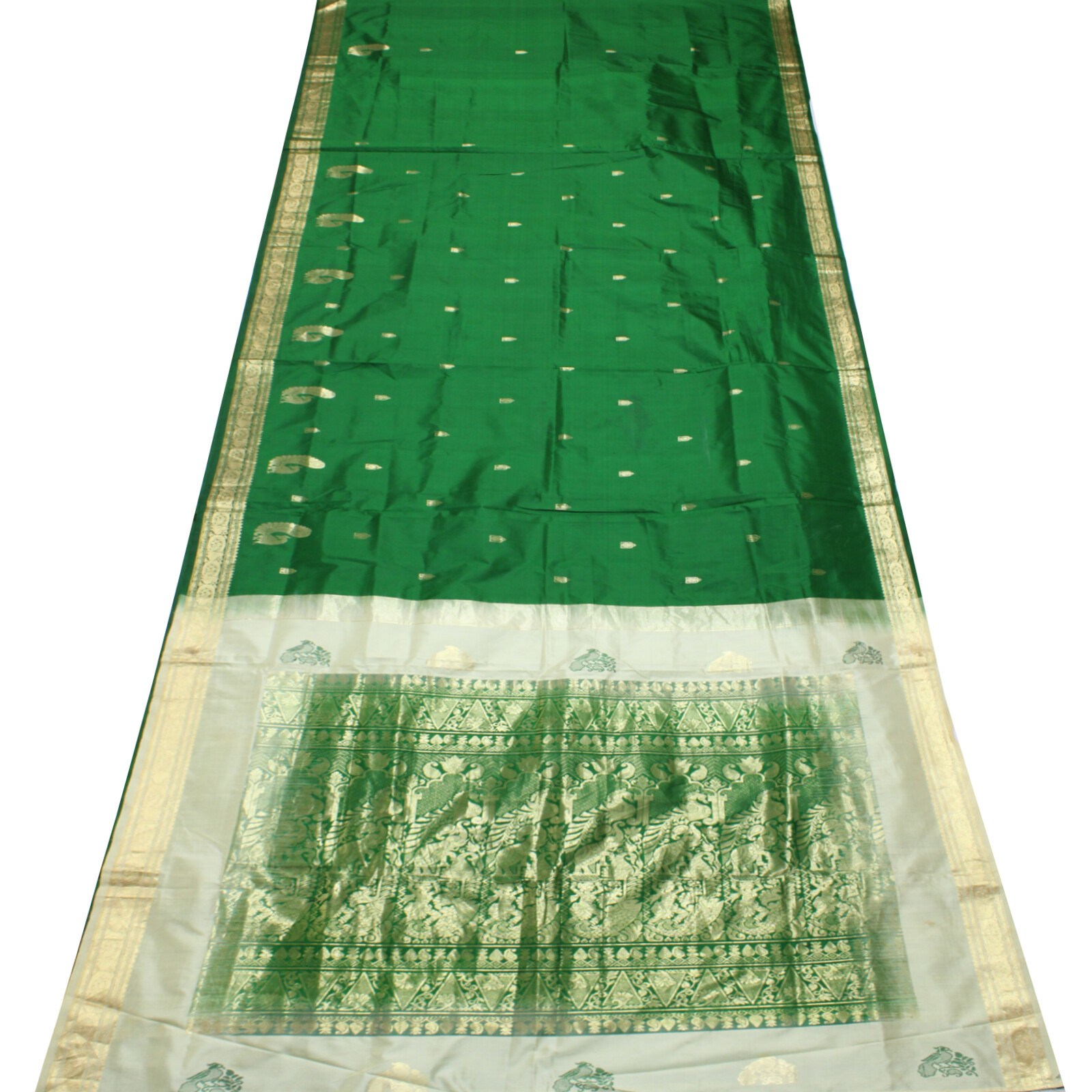 Vintage Green 100%Pure Silk Saree Zari Handwoven Elephant Design Rich Pallu Sari