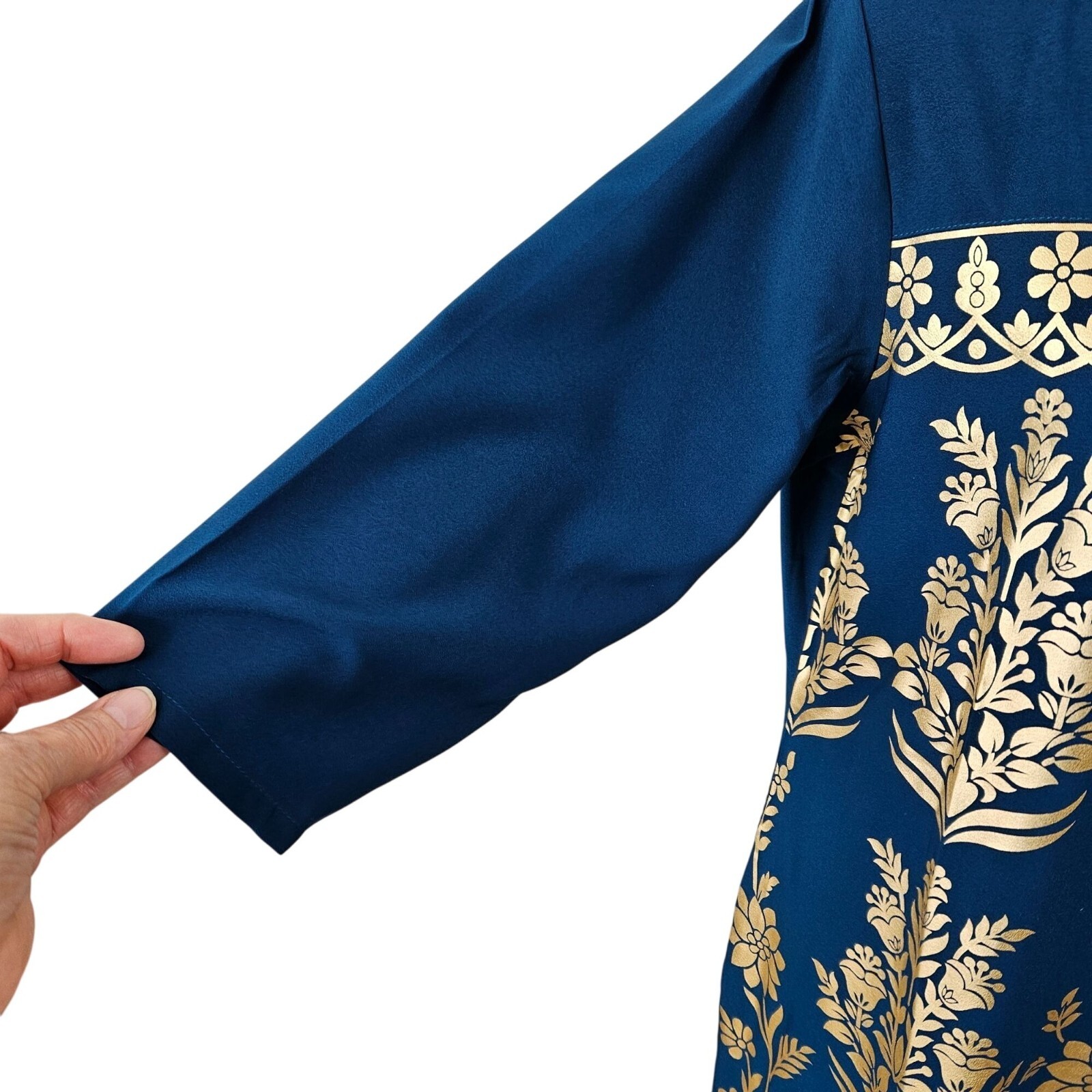 Janasya Womens Turquoise Blue & Gold Crepe Kurta Tassel Tie Neck Size Large