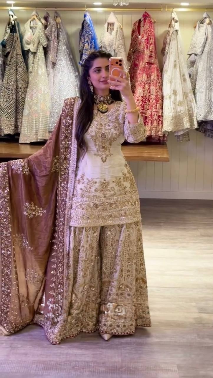 Exclusive White Heavy Natural Silk Top Palazzo With Dupatta For Function Wear