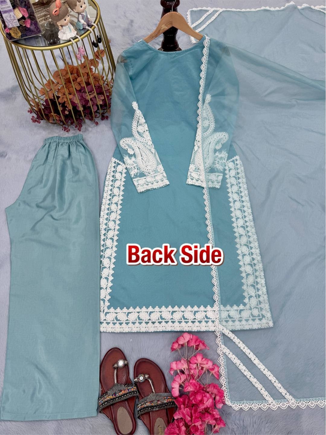Organza Silk Sky Blue Kurta Palazzo With Dupatta For Indian Ethnic Wear