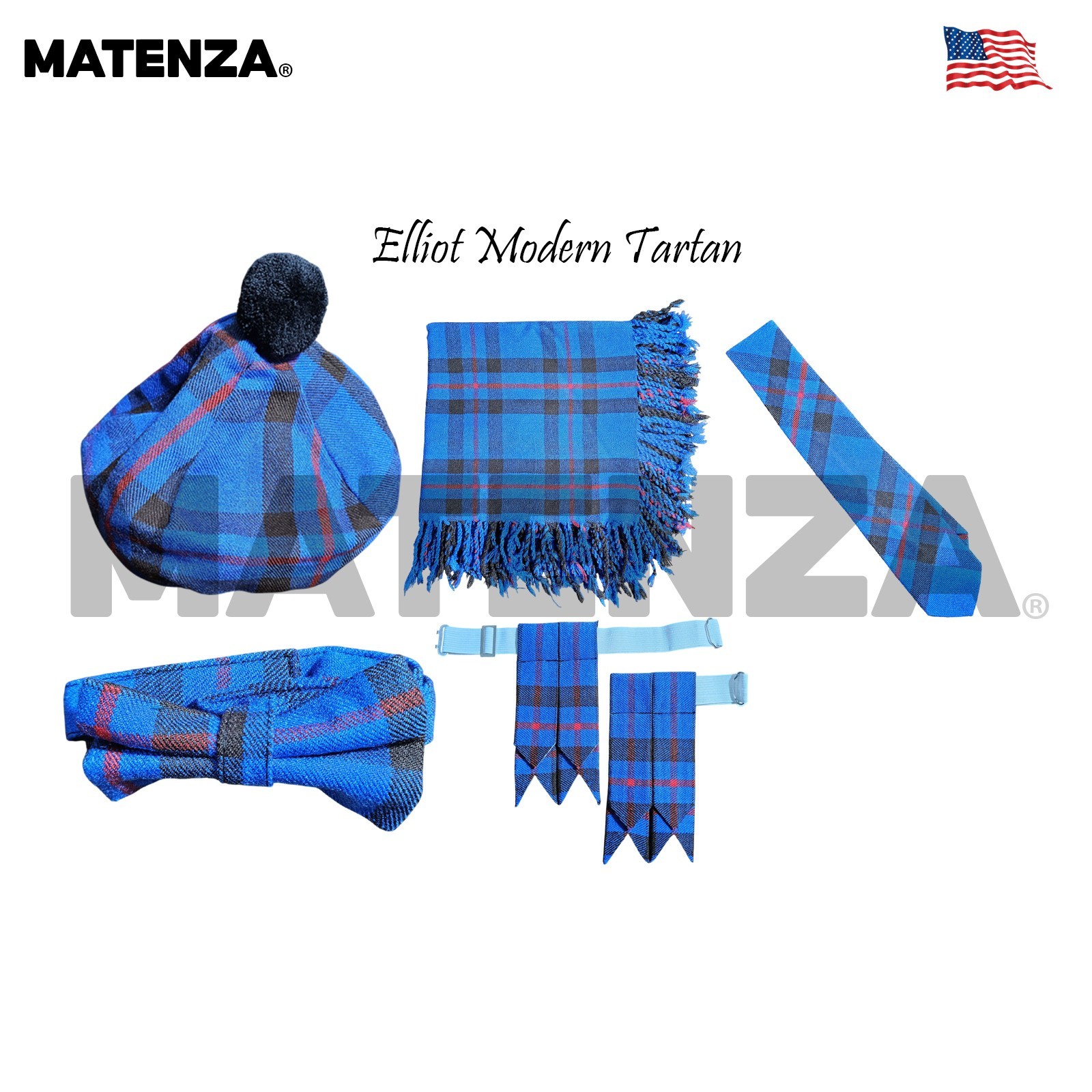 Elliot Modern Tartan 5Pc Scottish Kilt Accessories Tammy Cap & Flashes