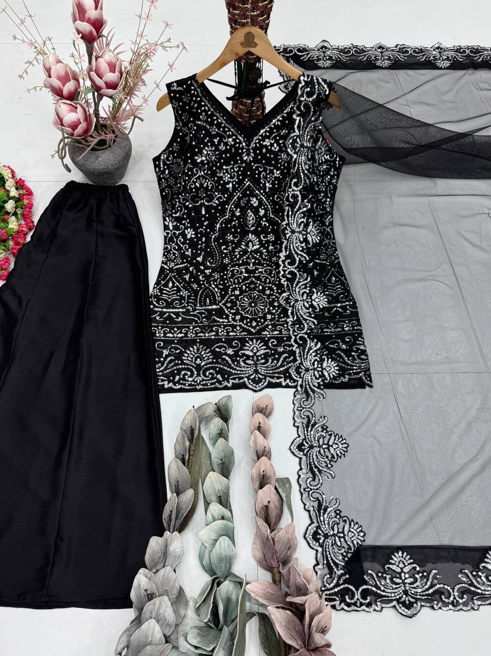 New Launch Star Georgette Black Top Palazzo With Dupatta For Reception Wear