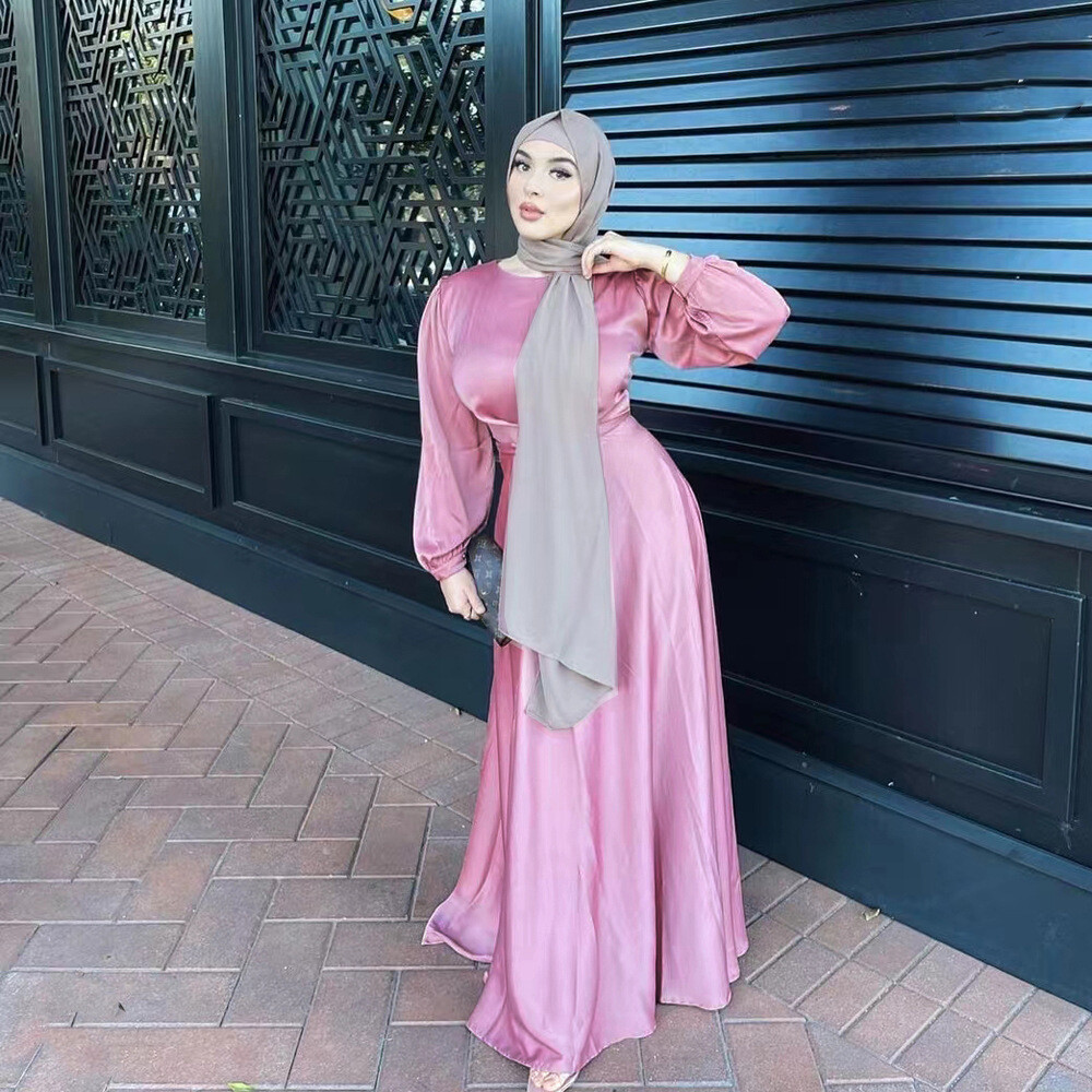 Eid Mubarak Satin Abayas Women Muslim Maxi Dress Islamic Clothing Dubai