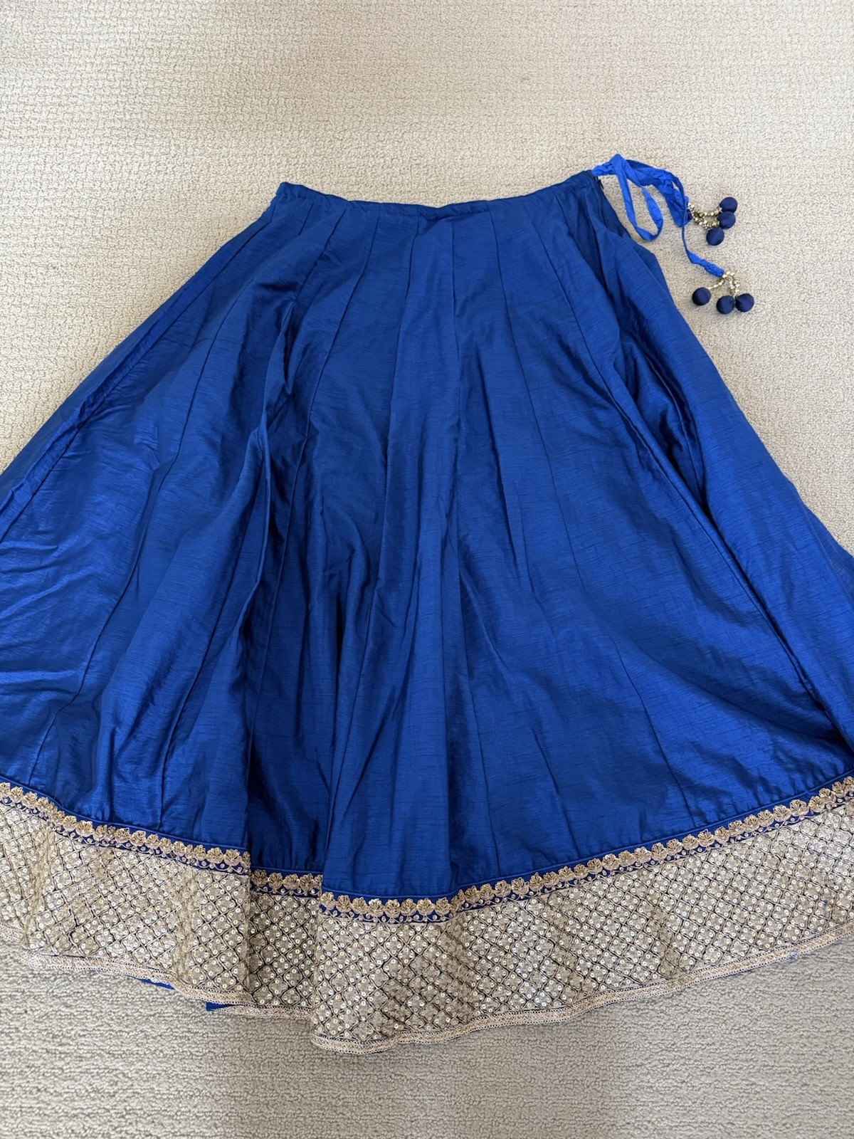 Navy Blue and Gold Long Lengha with Sequins, Lined, Tie Waist