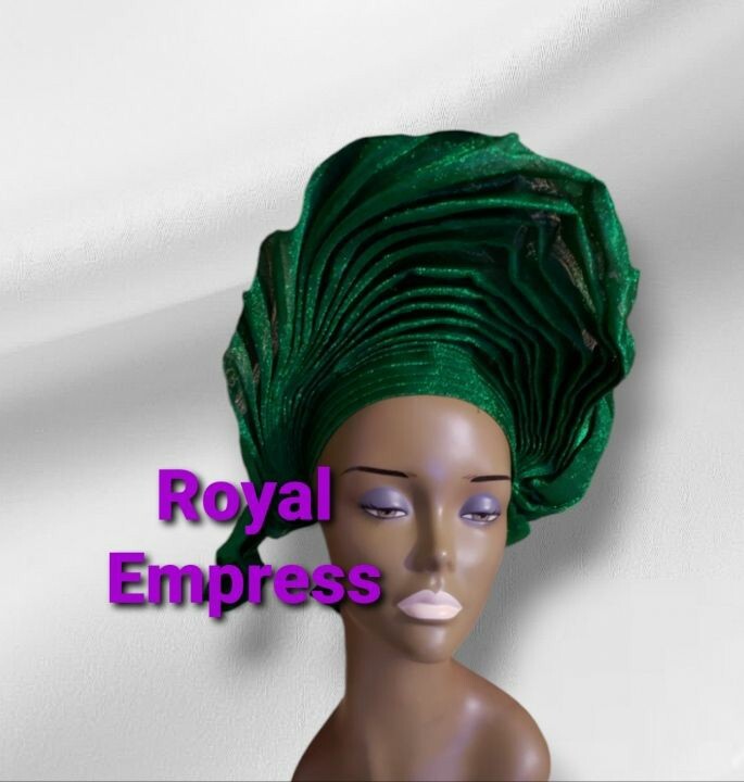 Aso-Oke African Headtie Auto Gele, Green Empress headwear