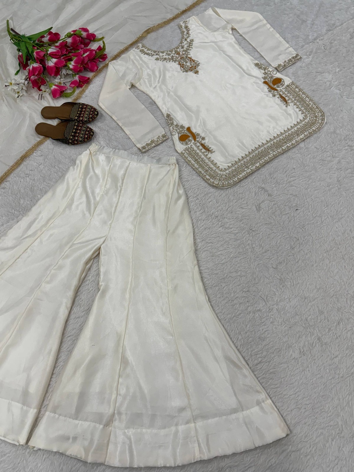 Stylish Look Korean Satin Silk Off White Palazzo Suit With Dupatta For Party