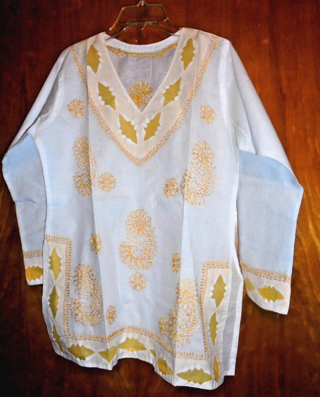Lucknowi Chikankari short kurti white yellow for jeans size medium 100% cotton