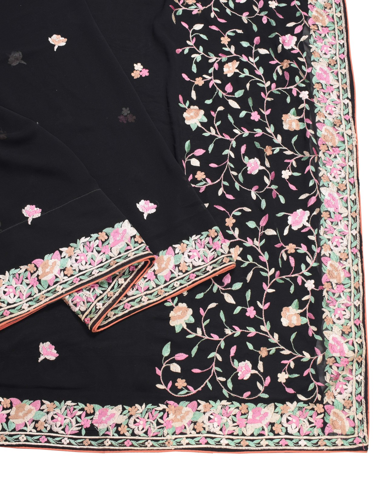 Sushila Vintage Parsi Gara Embroidered Saree Art Georgette HEAVY Black Sari Fabr