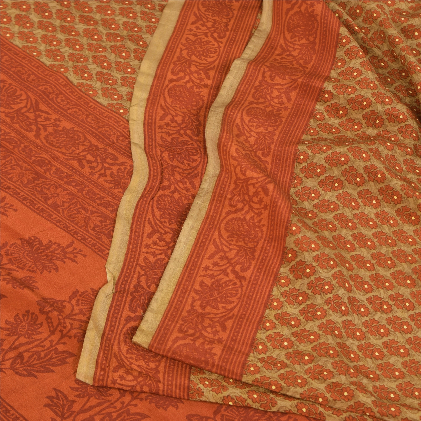 Sanskriti Vintage Sarees Pure Crepe Orange & Green Print Sari 5+Yd Craft Fabric