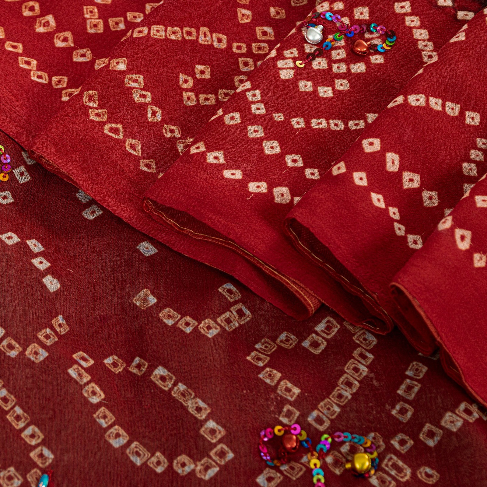 Sanskriti Vintage Black-Red Pure Georgette Saree Bandhani Hand Bead 5+Yd Fabric