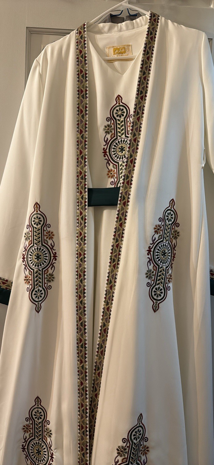 Traditional Alkaram off white and green 2 piece embroidered abaya