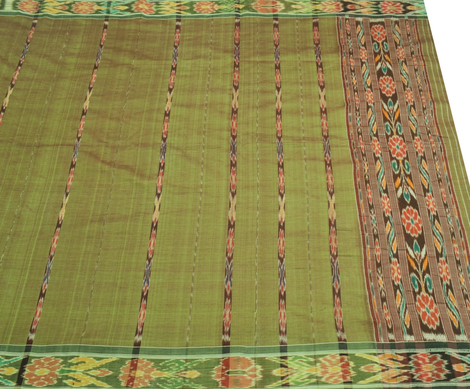 Sushila Vintage Sambalpuri Ikat Saree Pure Cotton Silk Hand Woven Green Fabric