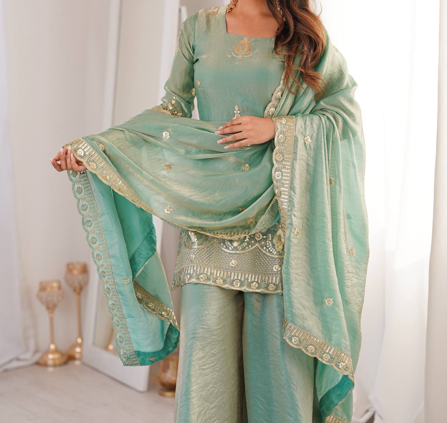 Bollywood Style Silk Sea Green Top Palazzo With Dupatta For Women Festival Wear