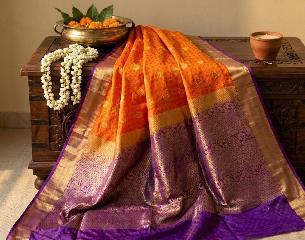Sanskriti Vintage Saree Orange Art Silk Kanchipuram Brocade Zari Hand Woven Sari