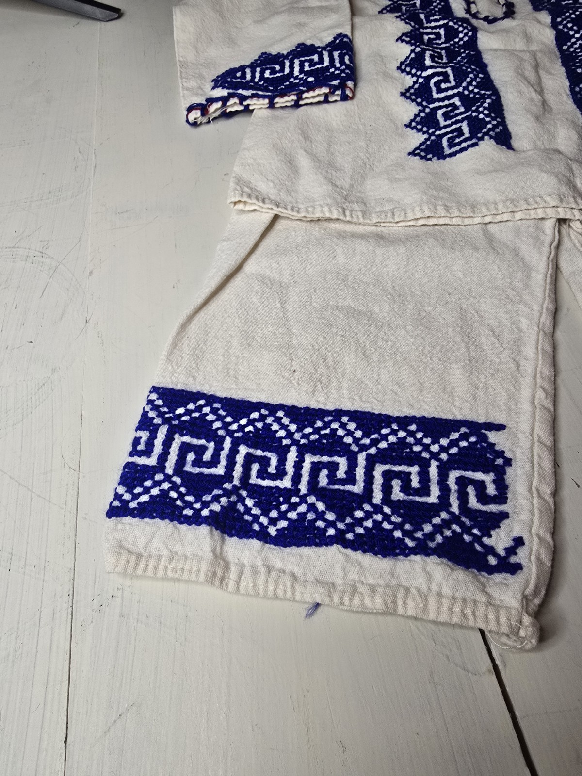 Kids Eastern European Traditional Embroidered Costume 2pc Tunic Pants Blue White