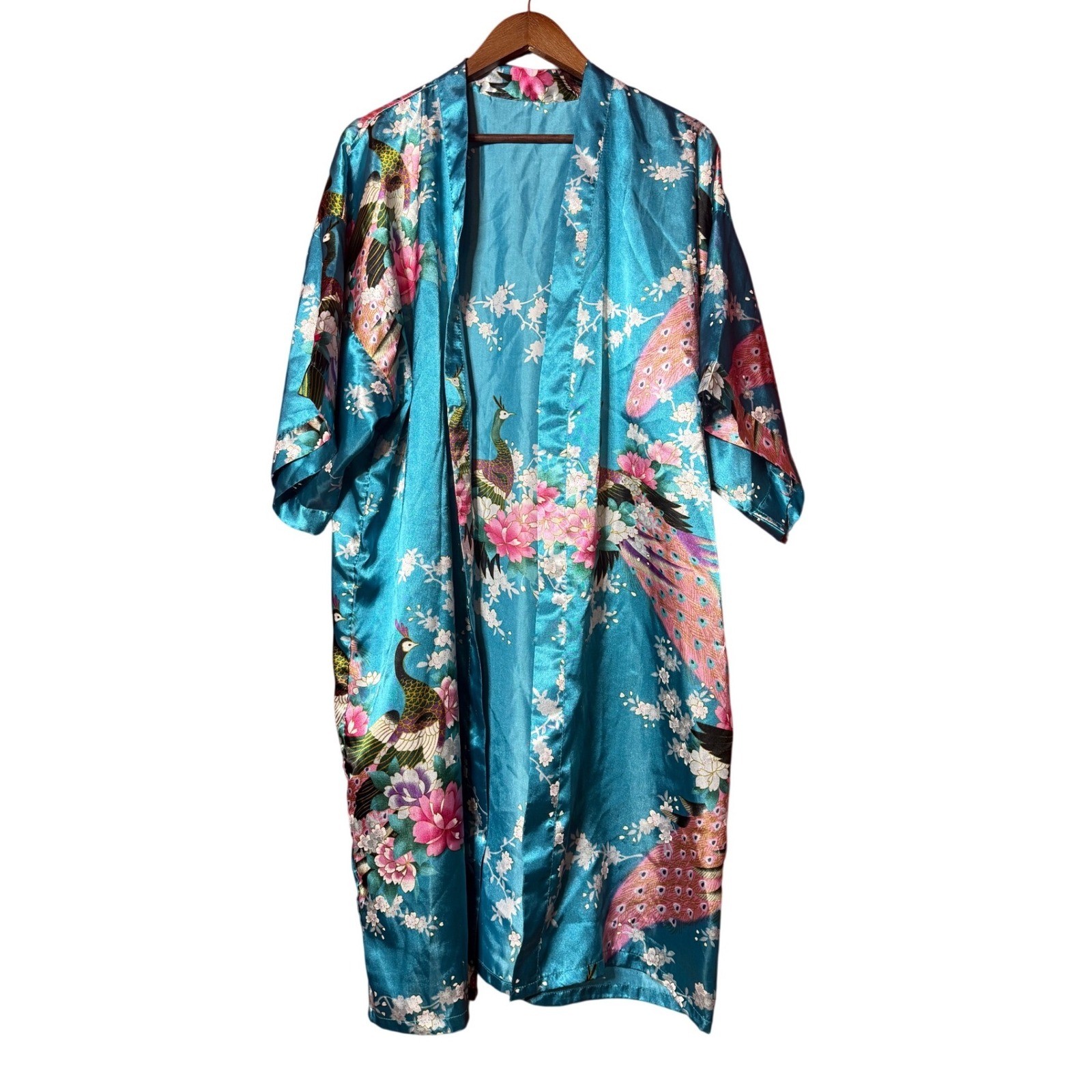 Unbranded Women NA Turquoise Peacock Floral Kimono Robe Resortwear Intimate