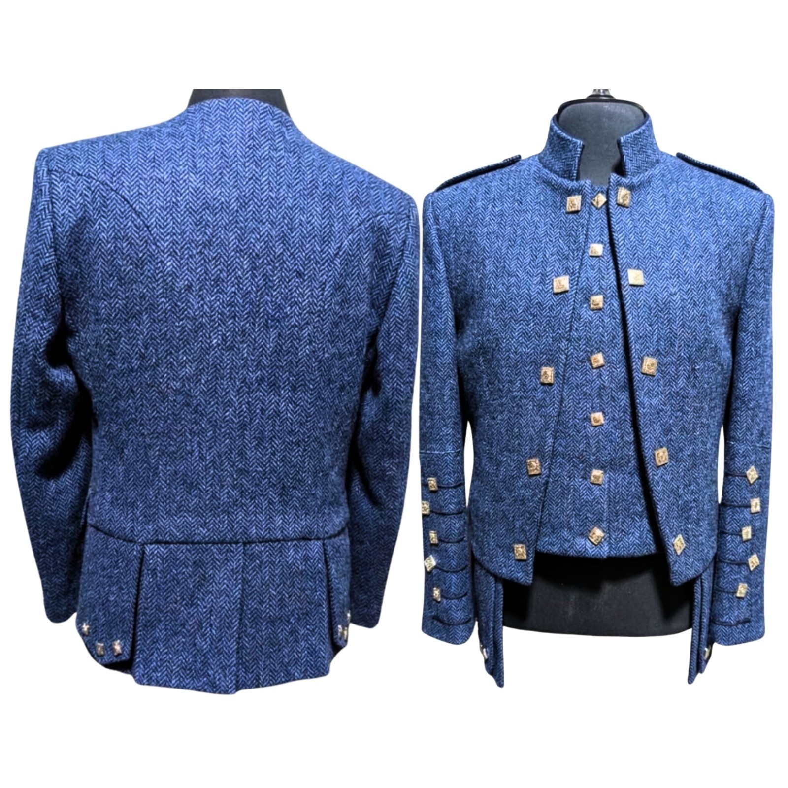 Mens Blue Tweed Waistcoat & Coat Herringbone Formal Wedding Suit Jacket Scottish
