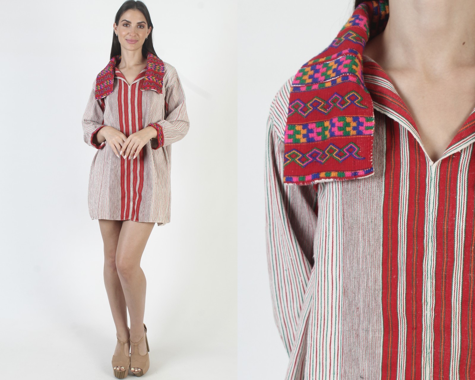 Vintage Woven Guatemalan Dress Aztec Embroidered Folklorico Batik Mexican Mini