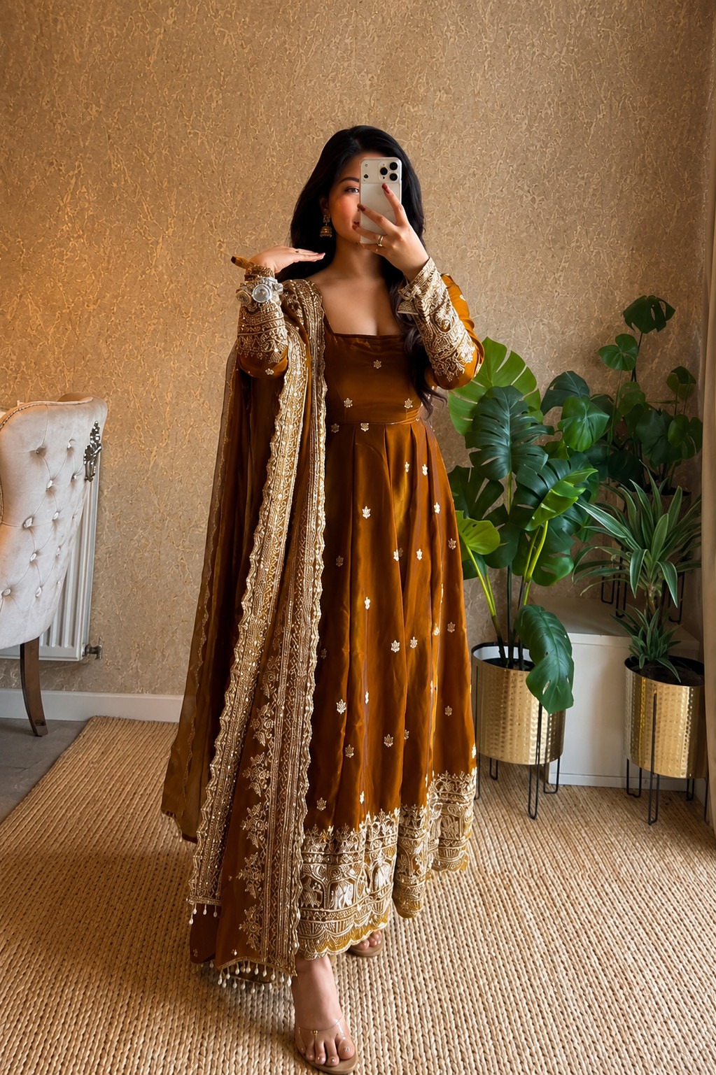 Mustard Fendy Silk Ready Made Heavy Embroidery Designer Anarkali Suit Set M