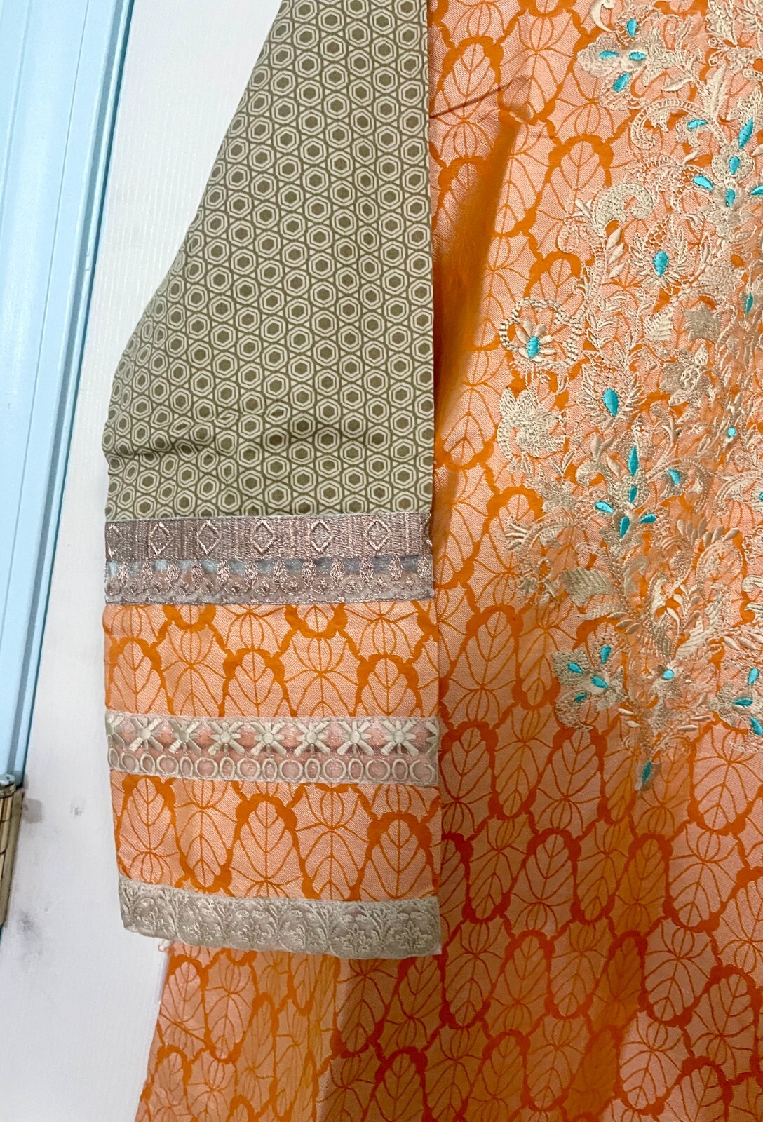 BEECHTREE Jamawar Cotton Kurta Size 12! Orange Beige color! Embroidered! NEW