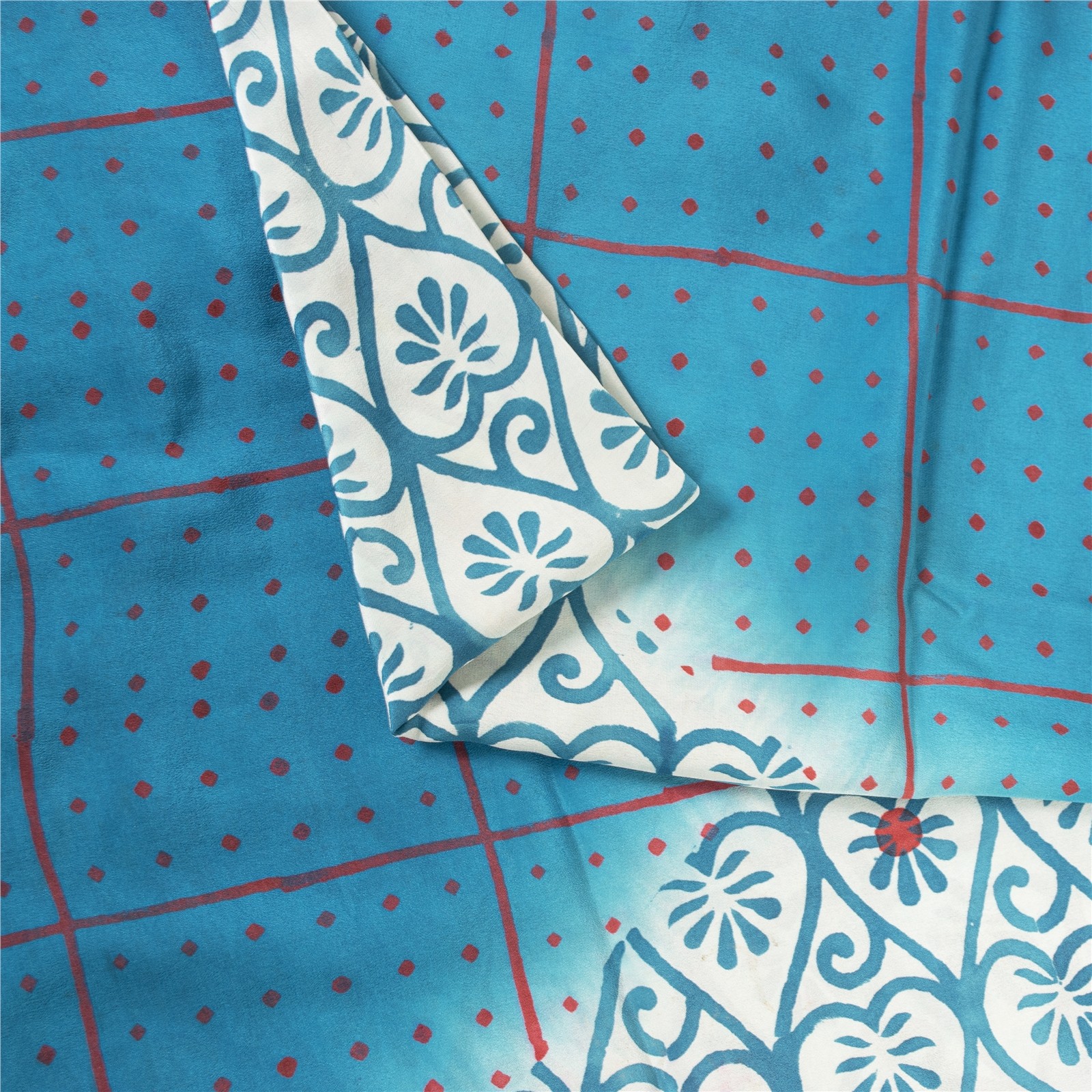 Sanskriti Vintage Sarees Blue & White Pure Crepe Printed Sari 5+Yd Craft Fabric