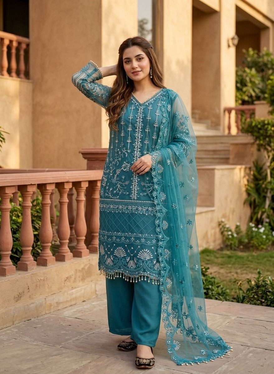 New Latest Soft Net Top Palazzo With Dupatta For Indian Party Wear