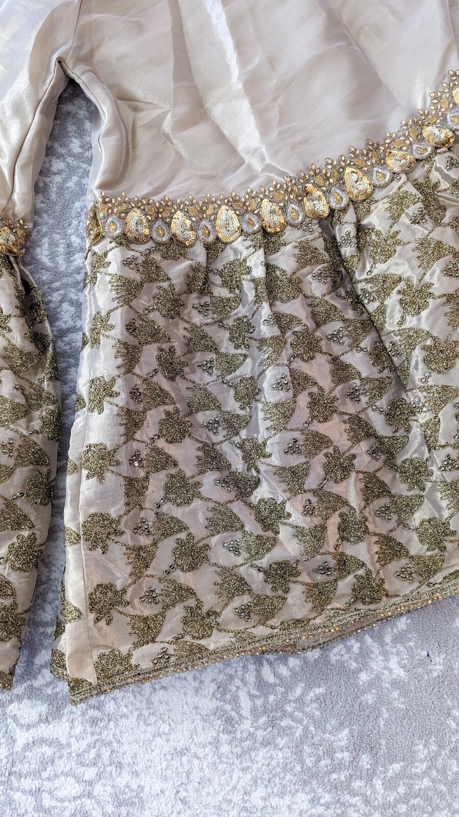 Pakistani Indian Women’s Bridal Formal Farshi Ghagra – 3-Piece, Beige/Gold