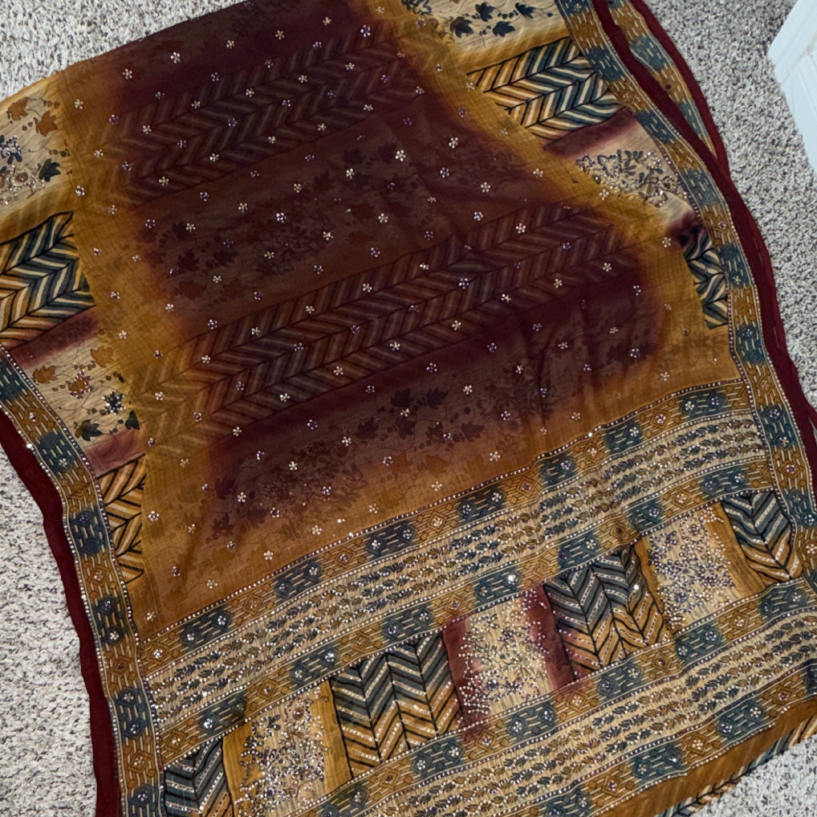 Georgette Printed Sari/Saree Brown Yellow Floral Geometric Women Free Size