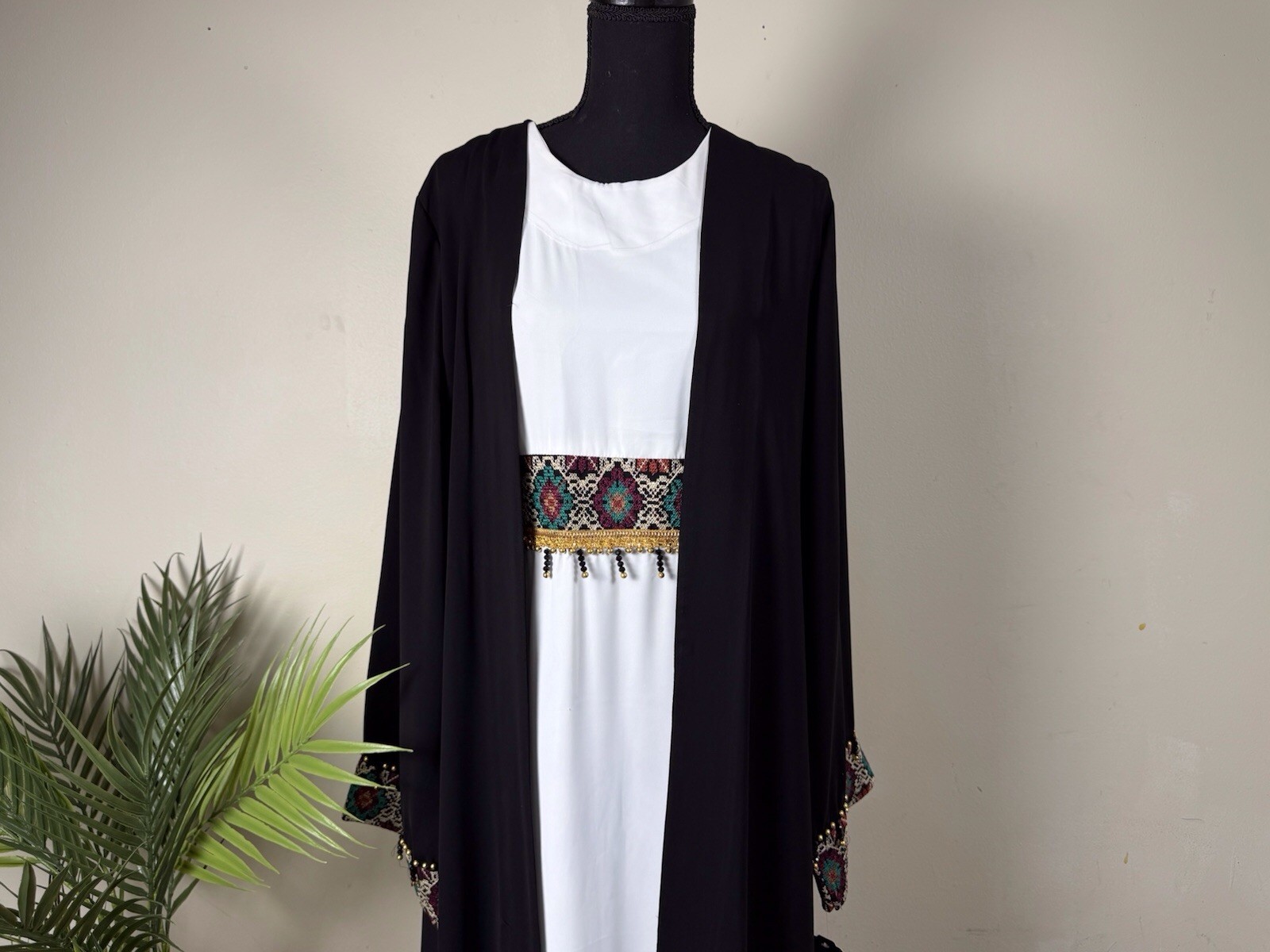 Palestinian Traditional Thobe White, Hand-Embroidered Tatreez Dress Size 60”