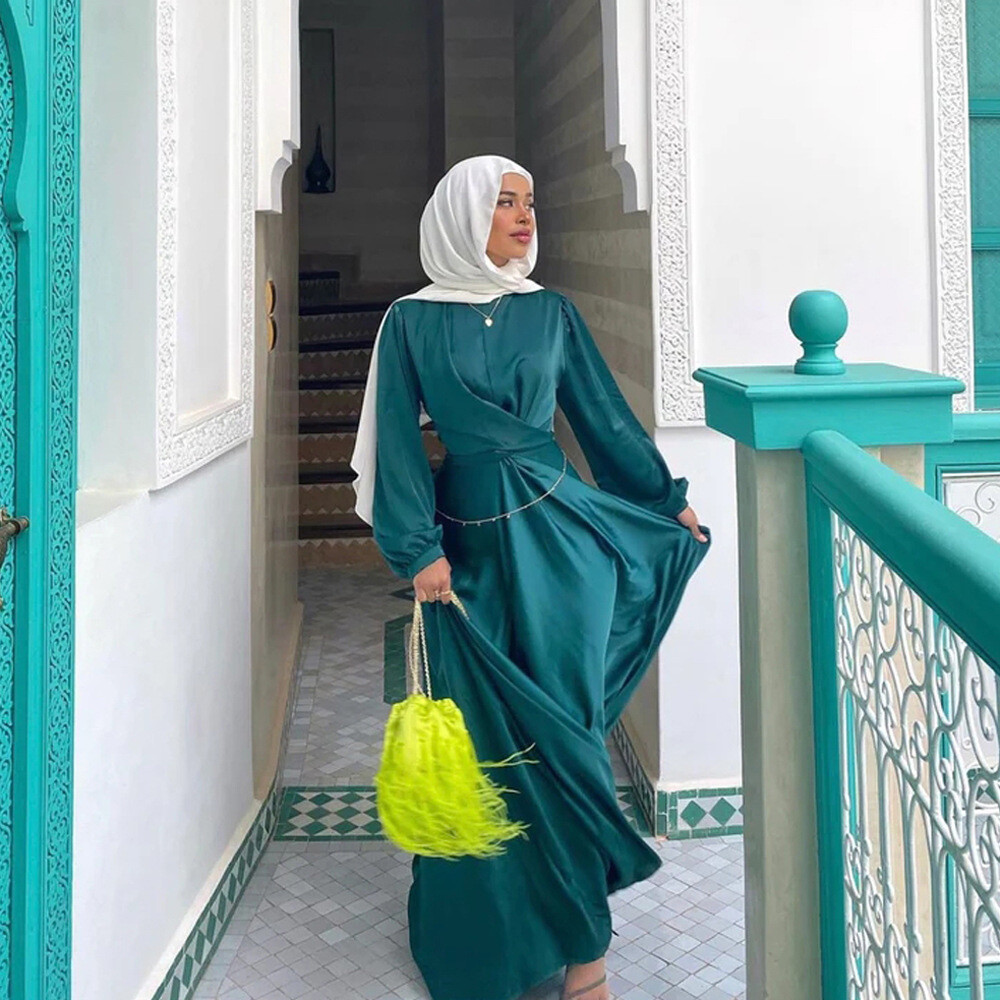 Eid Mubarak Satin Abayas Women Muslim Maxi Dress Islamic Clothing Dubai