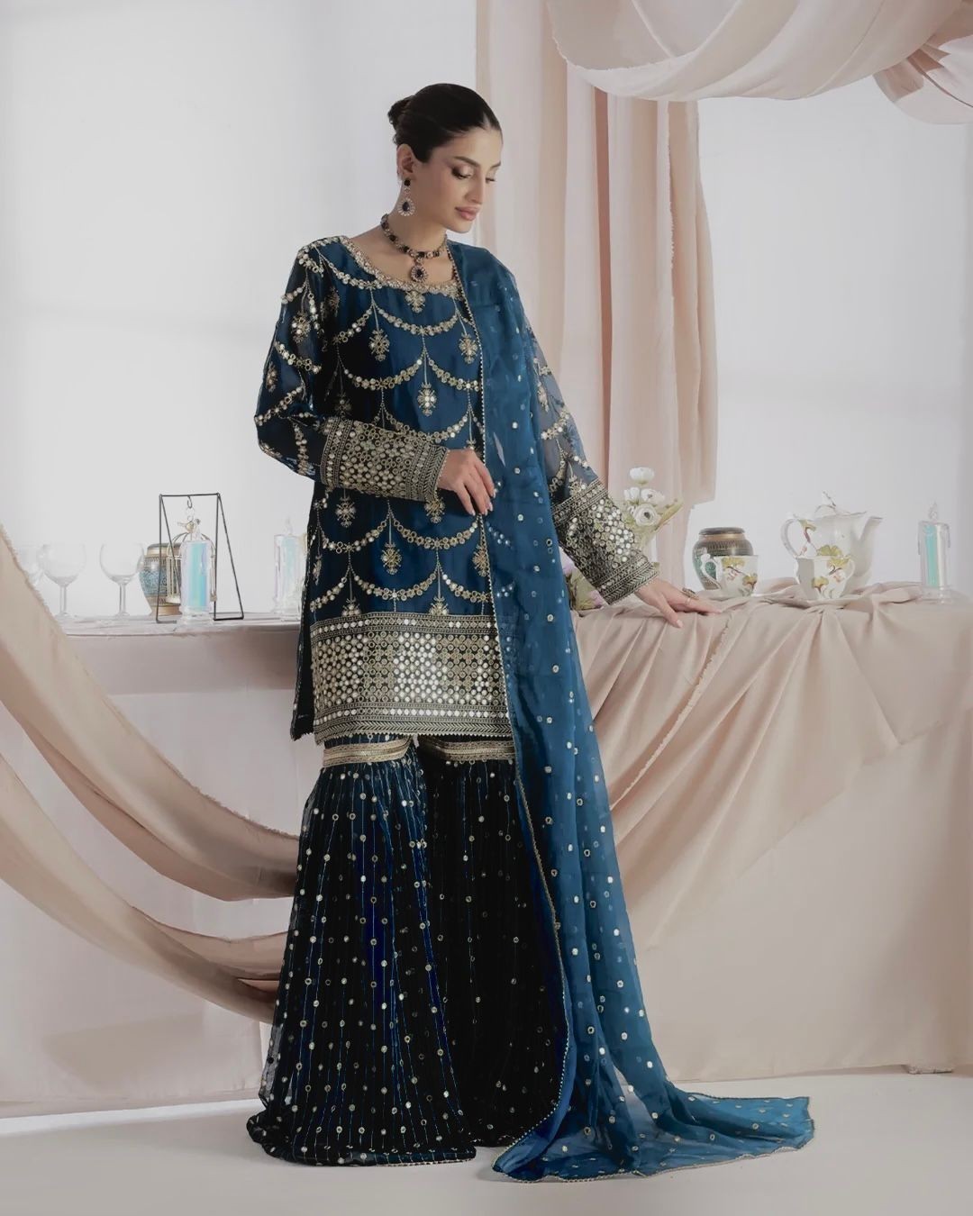 Teal Blue Sharara Suit Heavy Embroidery Indian Party Bridal Wear Dupatta Set
