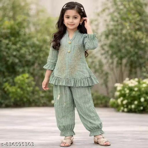 Girls Party Wear Ruffled Top and Balloon Pant Set with Floral Embroidery