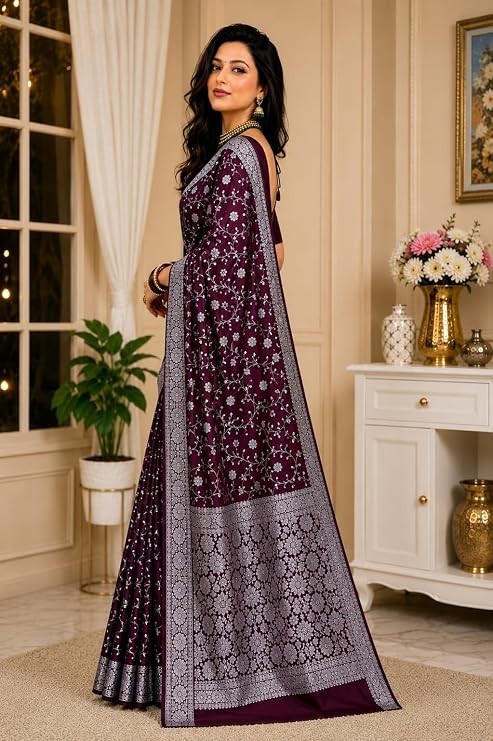 Banarasi Satin Kanjivaram Saree Silver Zari Border Pure Soft Blend Silk Sari Kan