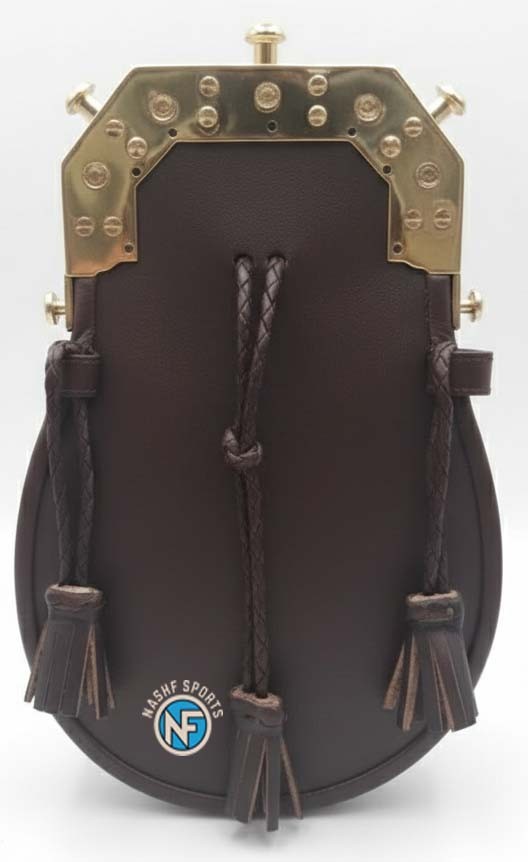 Scottish Handmade Dark Brown Real Leather Full Dress Sporran Gold Cantle
