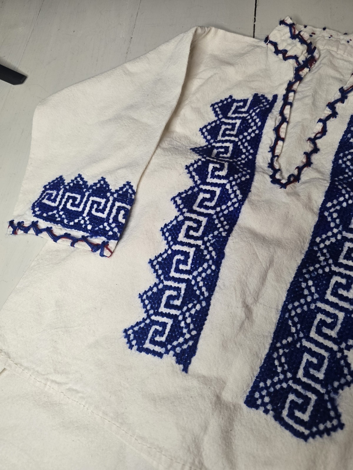 Kids Eastern European Traditional Embroidered Costume 2pc Tunic Pants Blue White