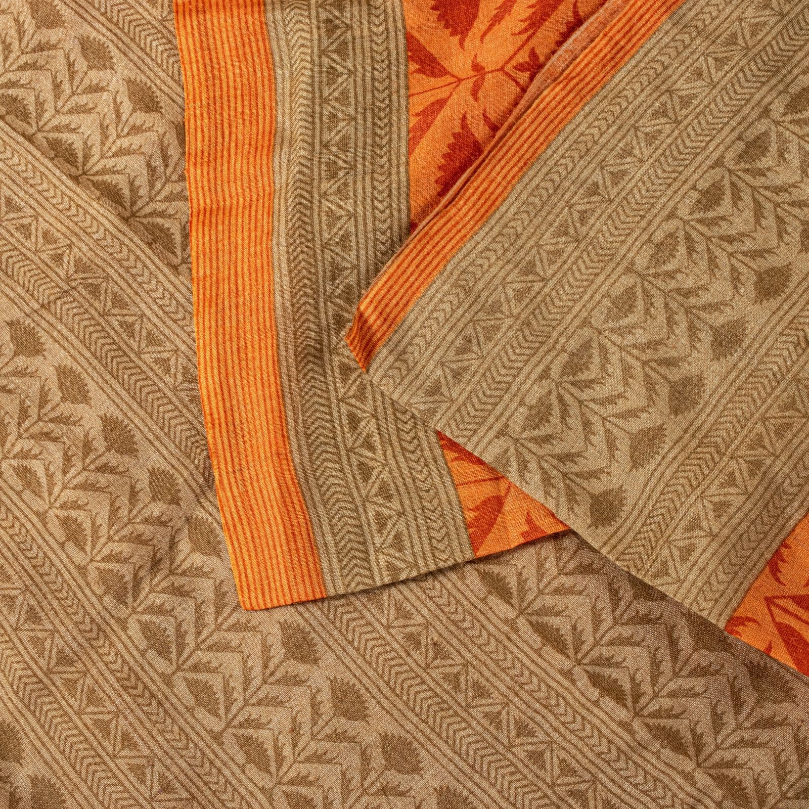 Sanskriti Vintage Soft Orange Pure Woolen Saree Floral Print Sari 5.5+Yd Fabric