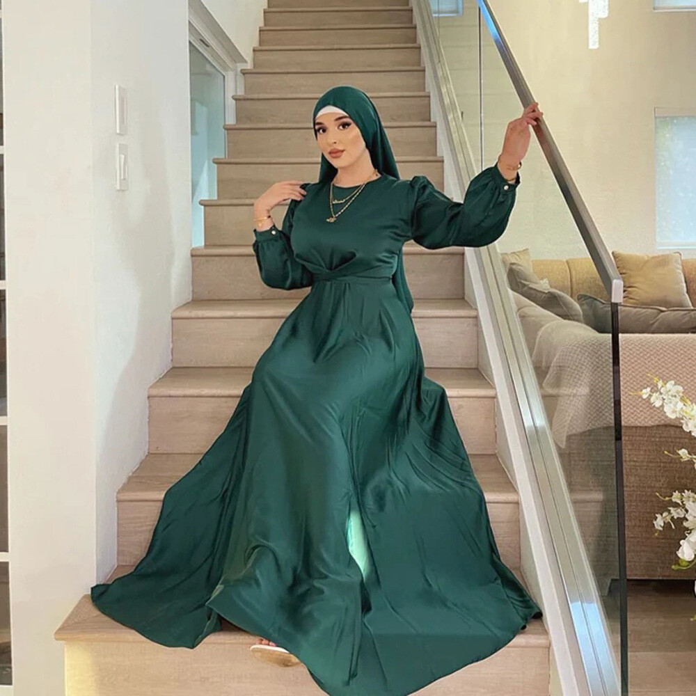 Eid Mubarak Satin Abayas Women Muslim Maxi Dress Islamic Clothing Dubai