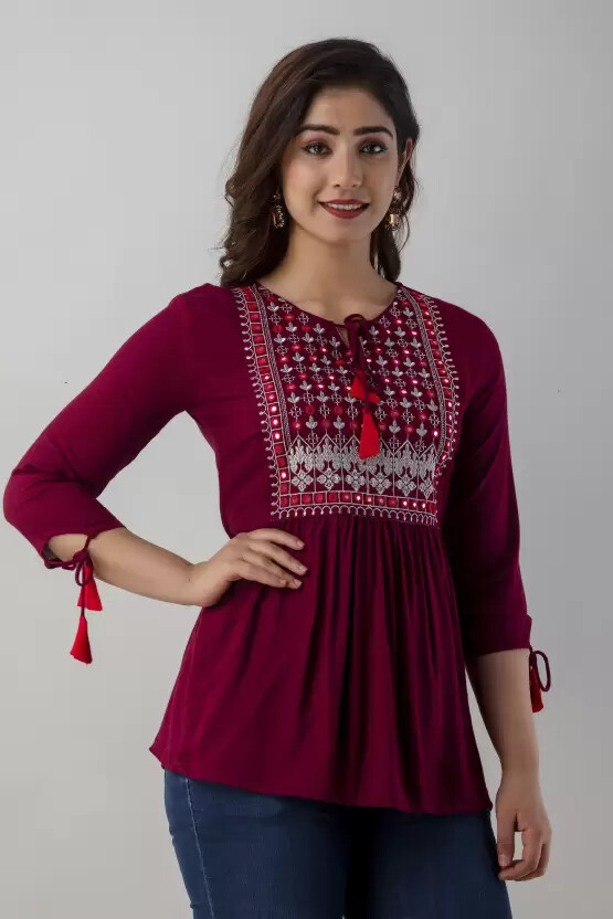 Indian Casual Regular Embroidered Top Kurta Women Designer Rayon Kurti Dress