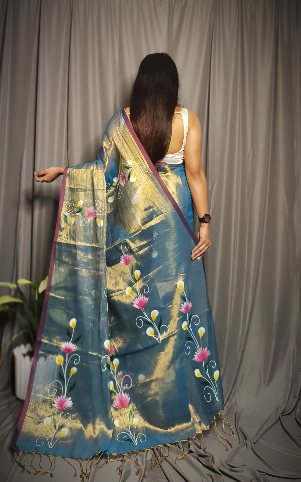 flower handpint tissue indian wedding saree sari