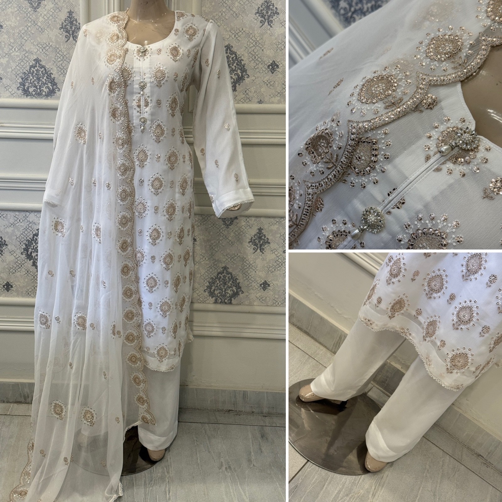 Pakistani White 3Pcs Fancy Chiffon Dress with thread embroidery ,XL#1