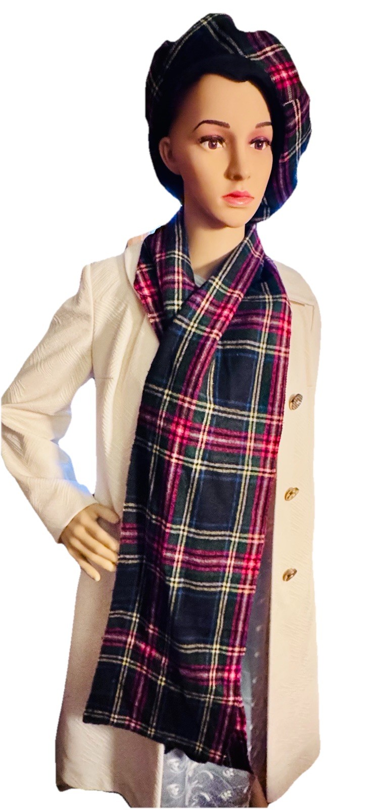 VTG Tam & Sash In Black Stewart Tartan Pattern Wool Hand-Made Scottish Look
