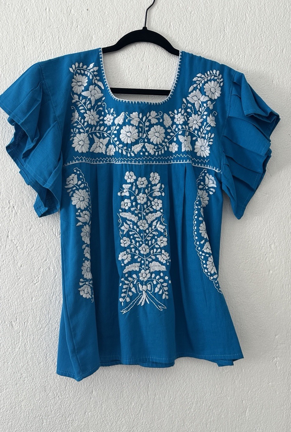 Hand Embroidered Mexican Blouse Blue Huipil Tunic Shirt Oaxaca Boho Folk Top