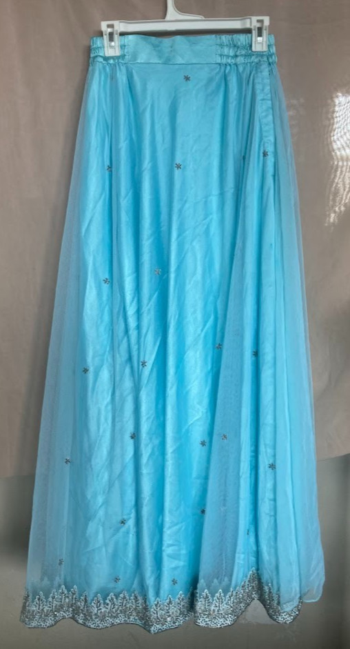 Vintage Indian Sky Blue Tulle Lehenga Skirt Glass Bugle Bead Silver Zardozi 44″