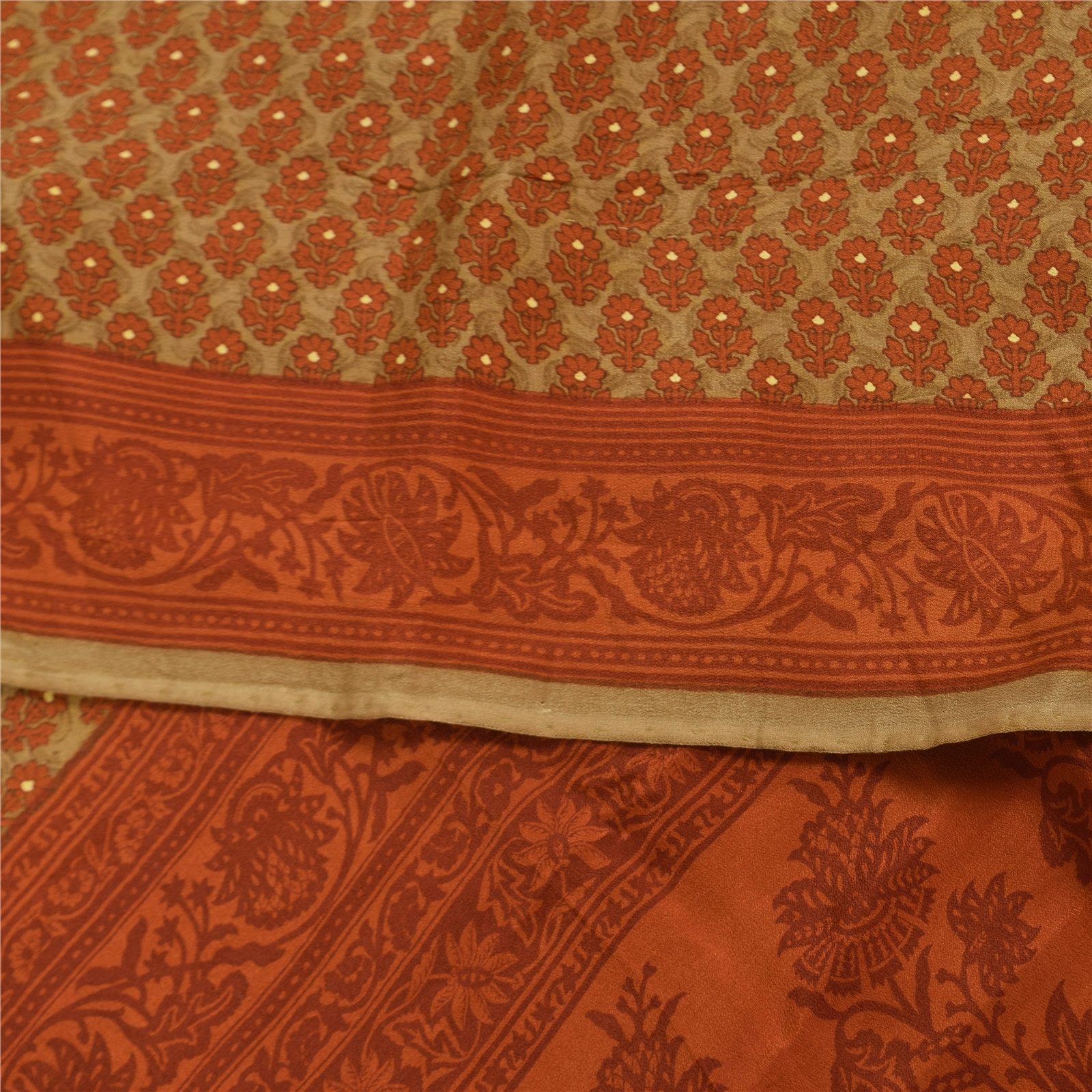 Sanskriti Vintage Sarees Pure Crepe Orange & Green Print Sari 5+Yd Craft Fabric