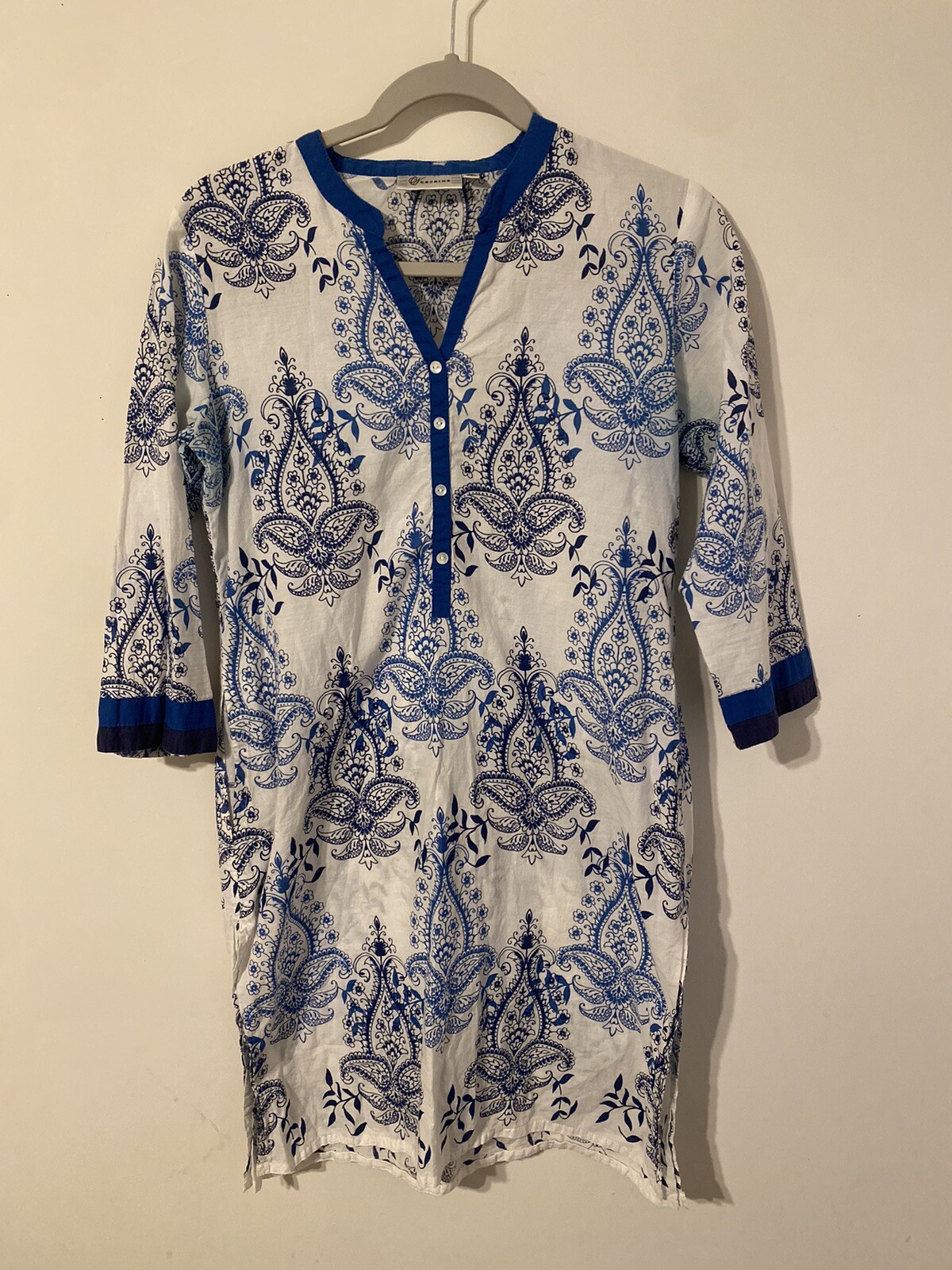 The Westside Blue Paisley Indian Kurta Tunic Mother Of Pearl Button 100% Cotton