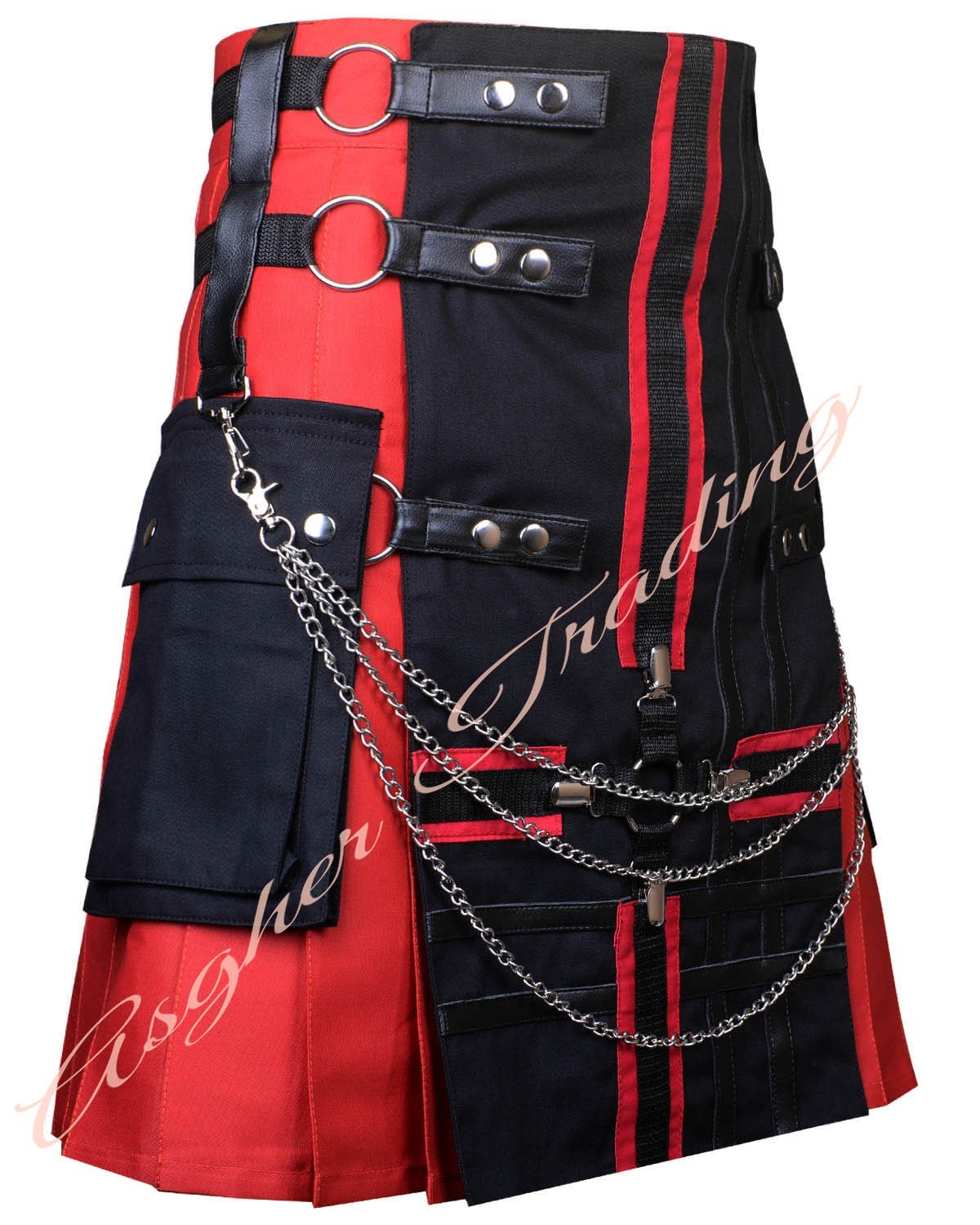 Men’s Red Black Cotton Utility Kilt Punk Goth Fashion Hybrid kilt & Custom Size