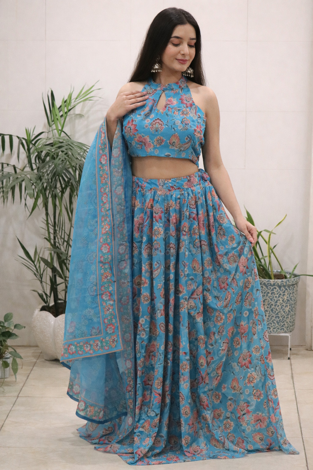 Blue Floral Printed Premium Organza Lehenga Choli Set with Dupatta for Women